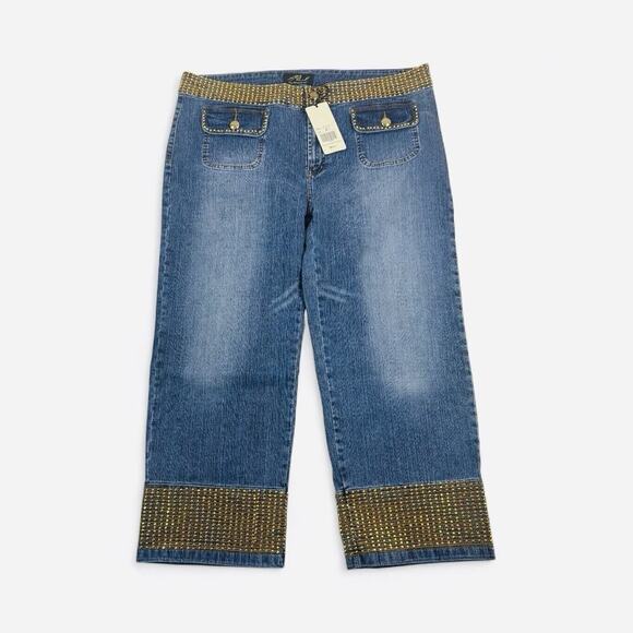 Platinum Plush Denim - Platinum Plush Jeans Pants Women's 21 Blue Wide Straight Leg Cropped Embellished